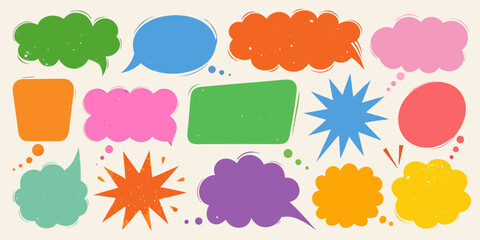 Collection of colorful and diverse speech bubbles and thought clouds with a textured vintage feel