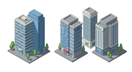 Modern isometric city buildings with trees on a sunny day