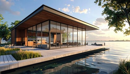 Obraz premium A modern, minimalist house sits serenely on a lakeside deck, showcasing expansive glass walls and warm wooden tones.