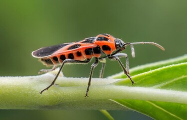 Red and Black Striped Beetle Macro Closeup on Green Leaf - Wildlife Nature Photography