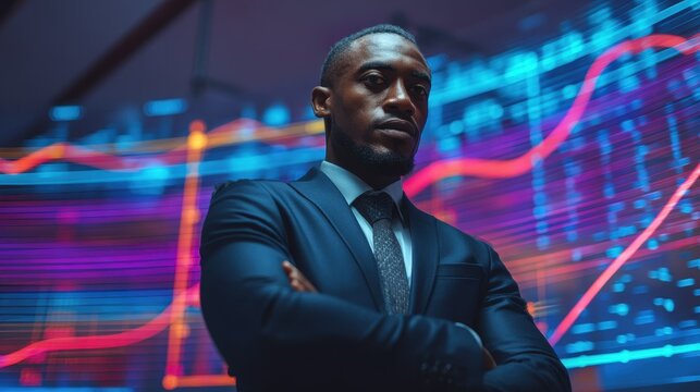 Low angle portrait of a confident Black businessman in a suit with arms crossed against a futuristic financial data display