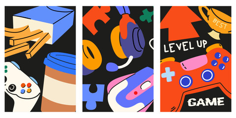 Gaming cartoon groovy posters set in retro style. Cyberspace technology concept. Joysticks, gamepad, headphones, computer mouse, snack. Gamer vector accessories and elements