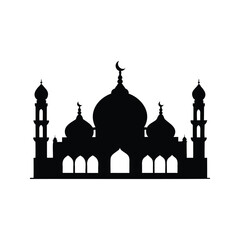 Silhouette of a Grand Mosque with Domes and Minarets Against White Background, mosque silhouette vector illustration