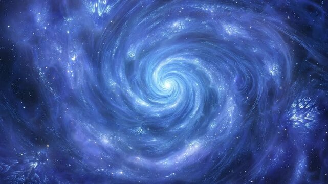 Electric blue light spiraling from the center of a swirling nebula with crystal-like star fragments,