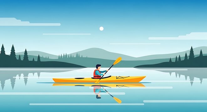 Kayaking serene lake with mountains. - Powered by Adobe