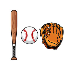Baseball bat, ball, and glove; classic sports equipment illustration.