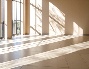 Obraz premium Sunlight streams through windows, casting shadows on a light beige floor and walls