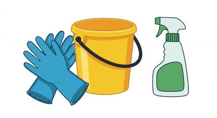 Cleaning supplies illustration rubber gloves bucket and spray bottle on white