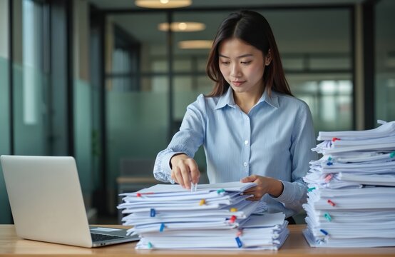Asian businesswoman sorts stacks of paper files, documents, unfinished reports on office desk. She checks, researches information for organization. Many papers indicate heavy workload or bureaucracy. - Powered by Adobe