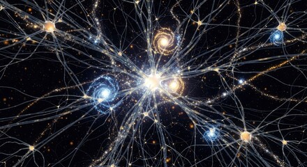 Obraz premium Abstract network of glowing nodes and translucent lines on a dark background with sparkling particles and luminous spiral formations