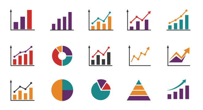 Colorful chart icons set for data presentation and analytics design projects