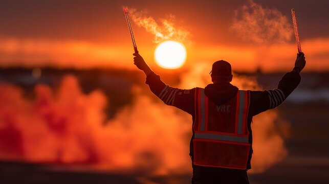 Individual wearing safety vest is signaling with illuminated wands against a vibrant sunset, surrounded by colorful smoke, creating a dramatic and dynamic atmosphere - Powered by Adobe