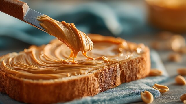 Close-up of creamy peanut butter being spread on a slice of fresh bread, showcasing rich texture and color, with scattered peanuts in a cozy kitchen setting