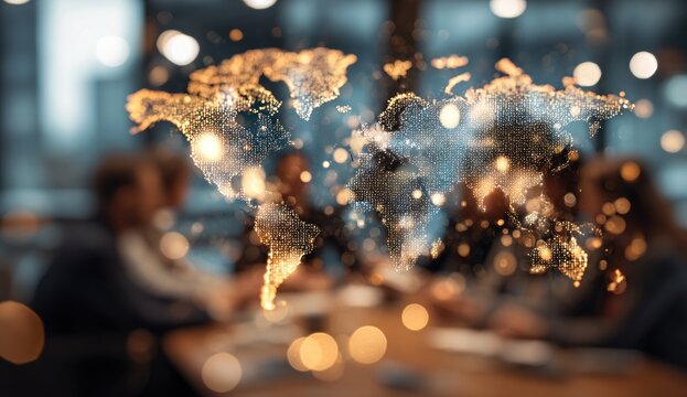 World map graphic over blurred cafe setting