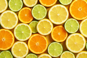 Fototapeta premium Sliced citrus fruits including lemons, limes, and oranges arranged in a seamless colorful pattern on a bright yellow background. Ai generative