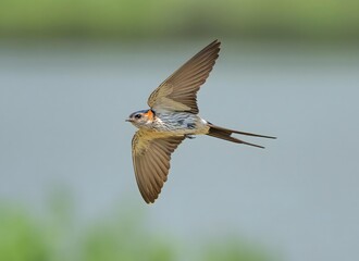 Obraz premium Red-rumped swallow in flight with outstretched wings against soft blurred natural background