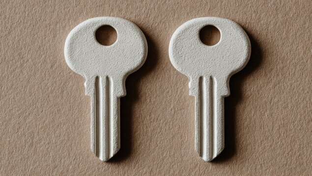 Two identical, white keys on a tan background