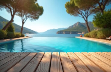Fototapeta premium Wooden table in foreground with infinity pool view. Coastal landscape with Mediterranean sea, mountains, pine trees. Luxury resort ambiance, perfect for product presentation, travel advertising.