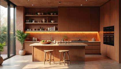 Modern kitchen with warm tones features raw wood island, earthy terracotta tile backsplash. Dim ambient lighting, handcrafted decor on open shelving create cozy, rustic yet minimalist atmosphere.