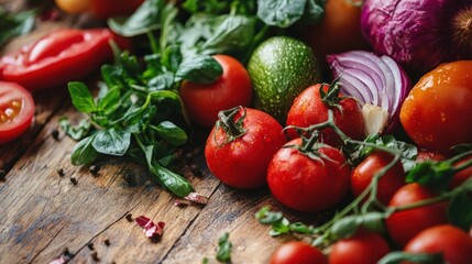 Fresh vegetables on a rustic wooden table. The vegetables include tomatoes, cucumbers, and onions. The setting is a rustic wooden table with a dark brown finish.