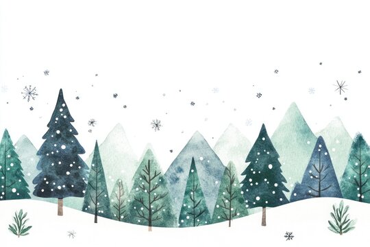 Watercolor winter border trees illustration mountains.