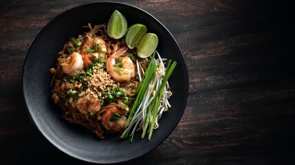 Pad Thai with shrimp bean sprouts lime and peanuts served on a black plate and dark wooden surface