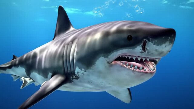 Great white shark swimming in clear blue ocean water marine wildlife