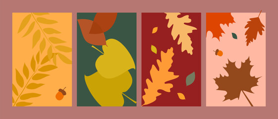 Autumn leaves poster set, fall theme cards with different leaves and colors. ideal for web usage, social media posts, advertisements, and brochures and flyers background, vector illustration.