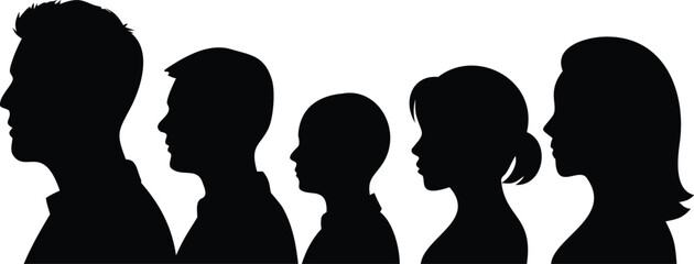 Five People Silhouette Portraits in a Row, Diverse Family Profile Faces Illustration