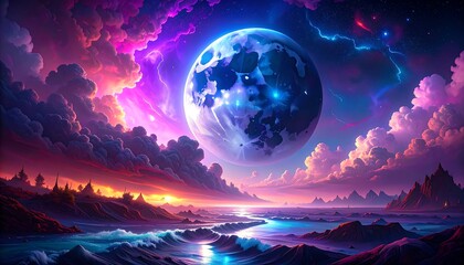 Fantasy landscape with a large, glowing moon