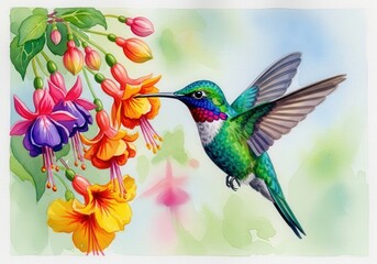A vibrant hummingbird, wings outstretched, sips nectar from colorful fuchsia flowers against a blurred backdrop