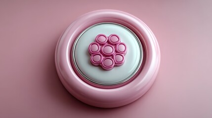 A circular, pink design featuring a cluster of small, light pink buttons arranged in a flower-like pattern on a white center disc, all displayed on a pink background.