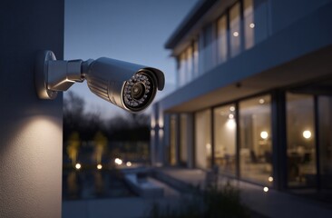 Security camera at night on modern home
