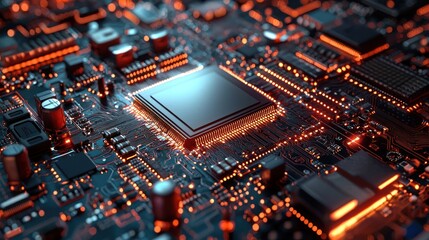 Obraz premium A glowing, futuristic circuit board with a central processor chip illuminated by orange and blue lights. The background is a dark, metallic surface with various electronic components and connectors.