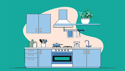 Stylish blue kitchen interior with modern cooking appliances vector illustration
