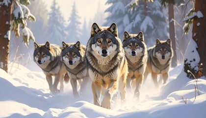 Naklejka premium A group of wolves, moving swiftly through a snowy forest, highlighted by a vibrant light.