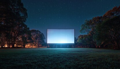 Outdoor movie screen under starry night sky