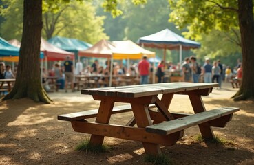 Rustic wooden picnic table awaits use at outdoor park festival. Blurred background shows tents, people, sunny summer day. Ideal for food promotion, event staging, product display, marketing,
