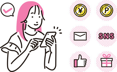 スマホを操作する若い女性とアイコンセット
