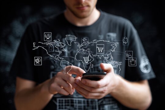 Person using a smartphone, global network concept