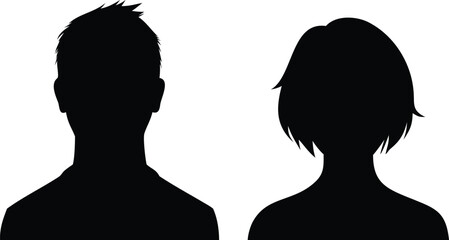Male and Female Head Silhouettes Profile Avatars, Black Outlines on White