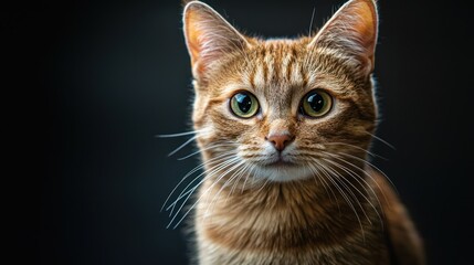 A ginger tabby cat with green eyes and a black background.