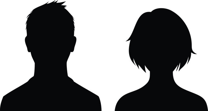 Male and Female Head Silhouettes Profile Avatars, Black Outlines on White