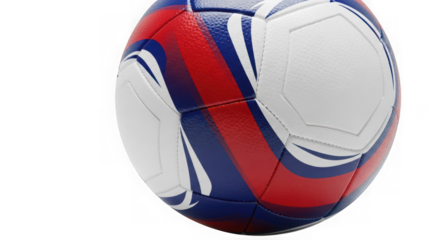 A closeup of a soccer ball with red and blue stripes, isolated on white background