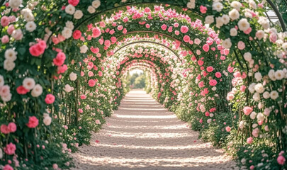 Fototapeta premium Summer Solstice Solar Term: Rose Arch in a Garden, Romantic Wedding and Love Background