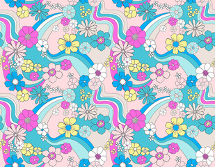 Fototapeta premium Vibrant 70s retro floral seamless pattern with colorful psychedelic flowers and wavy groovy lines. Fun, nostalgic design for fashion, textiles, summer, and bohemian styles.