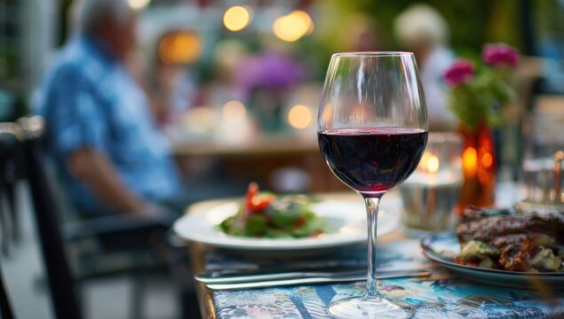 Outdoor dining scene with wine and food - Powered by Adobe