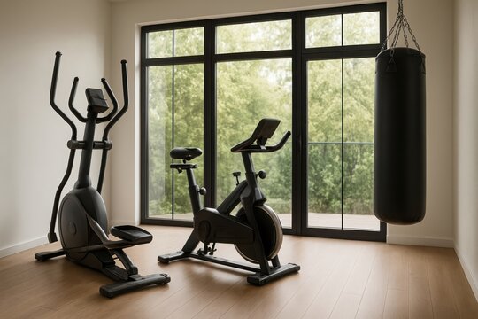 Home gym with elliptical bike and punching bag by large window
