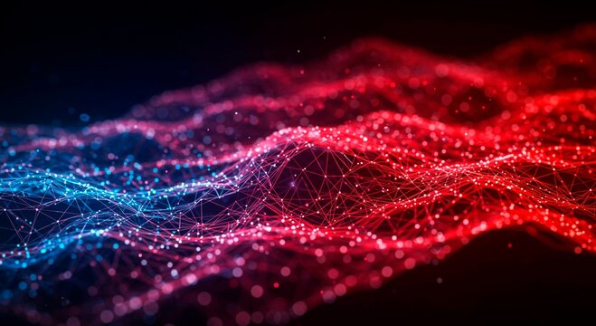 A digital network with red and blue connections forming a wave like pattern on a dark background space
