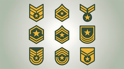 Professional military rank insignia collection featuring chevrons, stripes, and stars in a modern, clean design perfect for concepts of service, honor, and achievement